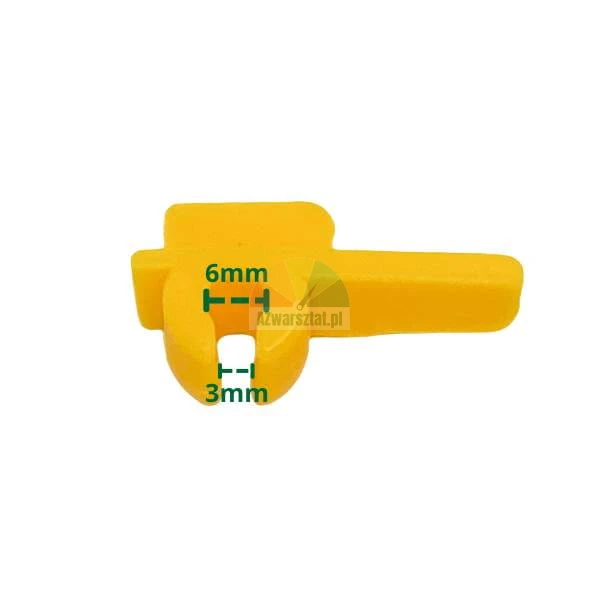Gelbes Kunststoff-Messwerkzeug oder Abstandshalter mit 6mm und 3mm Maßangaben auf weißem Hintergrund.