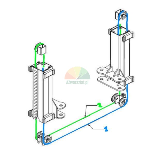 Technische Zeichnung eines Seilsystems für eine Zweisäulen-Hebebühne mit blauem (1) und grünem (2) Seil.