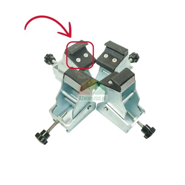 Set aus vier Spannklauen für Reifenmontiermaschinen mit Gummischutzauflagen und rotem Pfeil auf dem Gummielement.