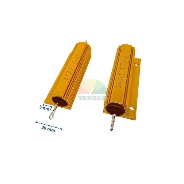 Zwei goldene 100W 150 Ohm Hochlastwiderstände mit Maßangaben von 5 mm und 20 mm auf weißem Hintergrund.