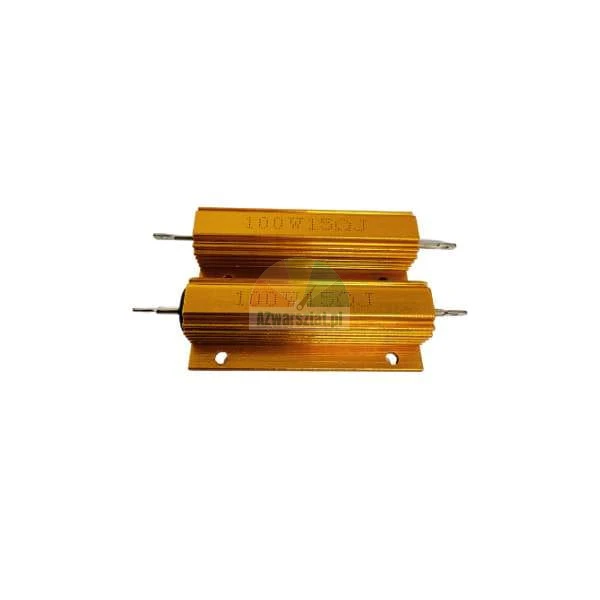Zwei goldene 100W Lastwiderstände im Aluminiumgehäuse mit Kühlkörpern auf weißem Hintergrund.
