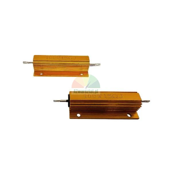 Zwei goldene Hochlastwiderstände 100W 15 Ohm im Aluminiumgehäuse mit Kühlrippen auf weißem Hintergrund