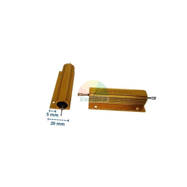 Zwei goldene 100W Leistungswiderstände im Aluminiumgehäuse mit markierten Maßen 5 mm und 20 mm.