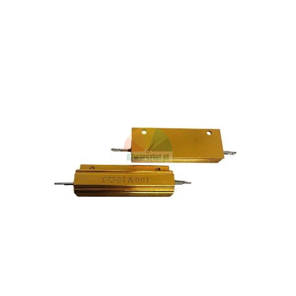 Zwei goldene Aluminium-Leistungswiderstände 100W 10RJ auf weißem Hintergrund.