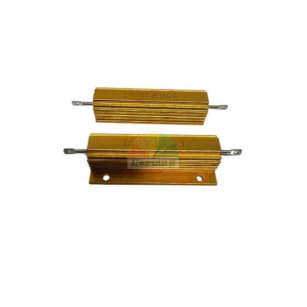 Zwei goldene 100W 10 Ohm Lastwiderstände im Aluminiumgehäuse mit Kühlkörper.