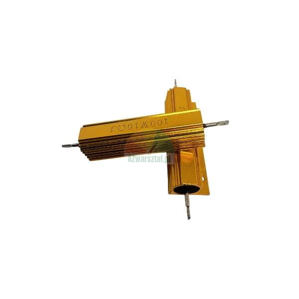 Zwei goldene Aluminium-Leistungswiderstände 100W 10 Ohm gekreuzt auf weißem Hintergrund.