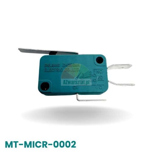 Mikroschalter Typ B mit Metallhebel, türkisfarbenes Gehäuse, NC- und NO-Anschlüsse.