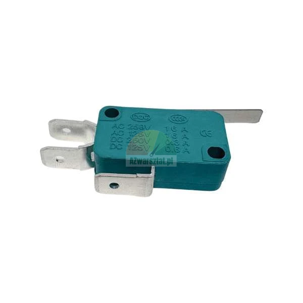 Grüner Mikroschalter mit Metallhebel und Anschlüssen, technische Spezifikationen auf dem Gehäuse.