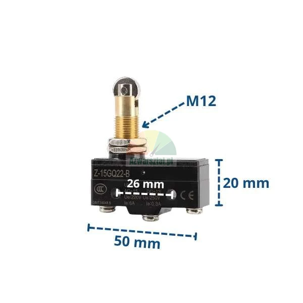Mikroschalter Z-15GQ22-B mit Rollenstößel, Abmessungen 50x20 mm, Lochabstand 26 mm, M12-Gewinde.