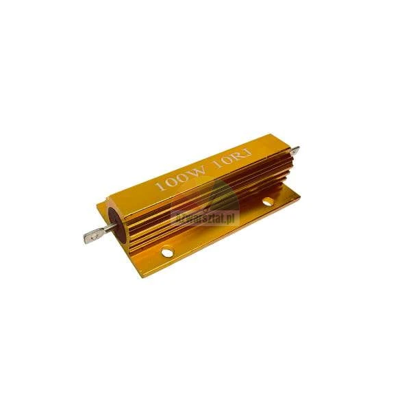 100W 10 Ohm Aluminium-Leistungswiderstand im goldenen Gehäuse mit Kühlrippen.