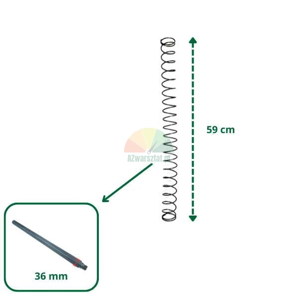 Feder mit einer Länge von 59 cm und ein separates Bauteil mit einem Maß von 36 mm.
