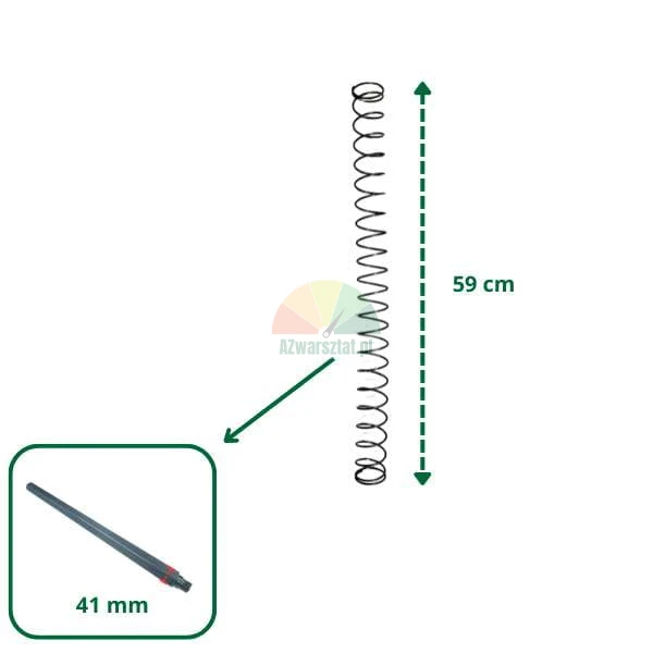 Feder mit einer Höhe von 59 cm und eine Detailansicht eines 41 mm langen Bauteils.