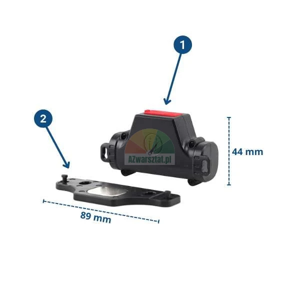 Magnetsensor mit Montageplatte, Abmessungen 89 mm Länge und 44 mm Höhe, markiert mit den Nummern 1 und 2.