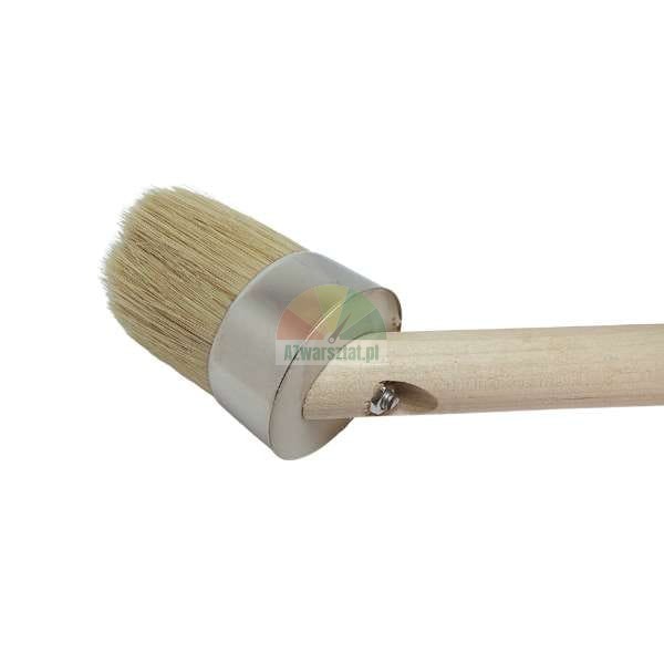 Abgewinkelter runder Heizkörperpinsel mit hellen Borsten und einem Holzgriff.