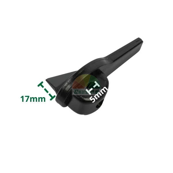 Schwarzes Kunststoffbauteil mit angegebenen Maßen von 17 mm und 5 mm auf weißem Hintergrund.