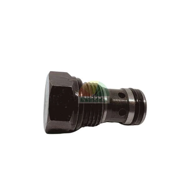 Schwarze Hydraulik-Verschlussschraube mit Sechskantkopf, Gewinde und Dichtungsnuten auf weißem Hintergrund