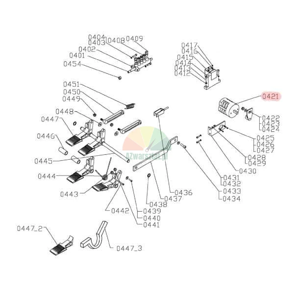 Technische Montagezeichnung eines Maschinensteuerungssystems mit rot hervorgehobener Teilenummer 0421.