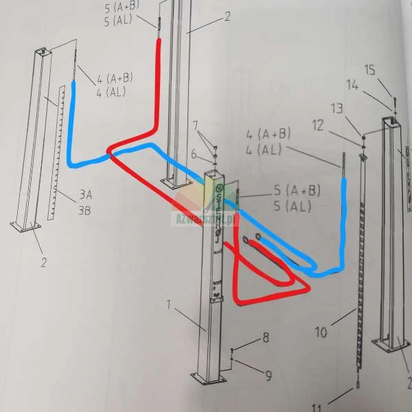 Technische Zeichnung einer Säulenhebebühne mit nummerierten Bauteilen und farblich markierten roten und blauen Leitungen, die durch die Säulen führen.