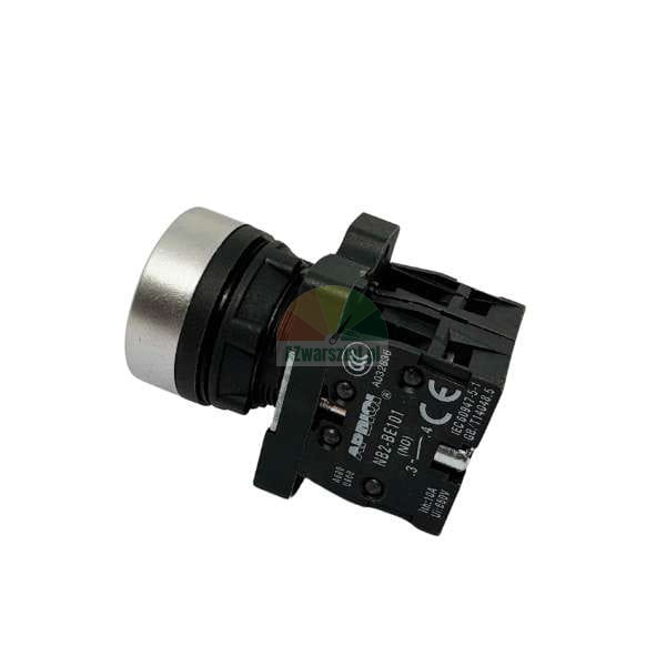 Industrieller Drucktaster mit Kontaktblock NB2-BE101 NO, silbernes Bedienelement.
