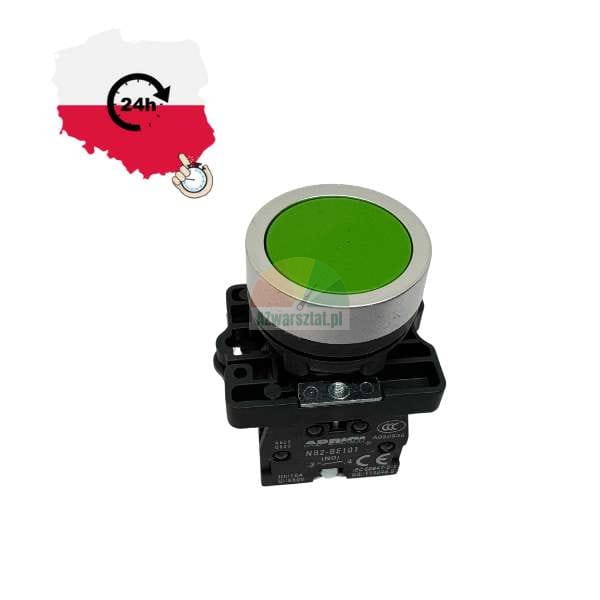 Grüner Industrie-Drucktaster mit Kontaktblock NB2-BE101 und 24h-Versand-Symbol aus Polen