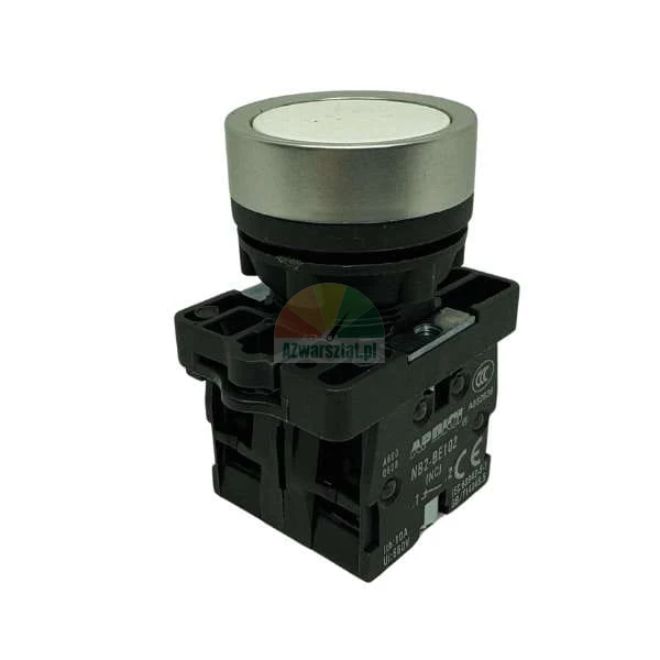 Flacher weißer Drucktaster mit Metallring NB2-BE102.
