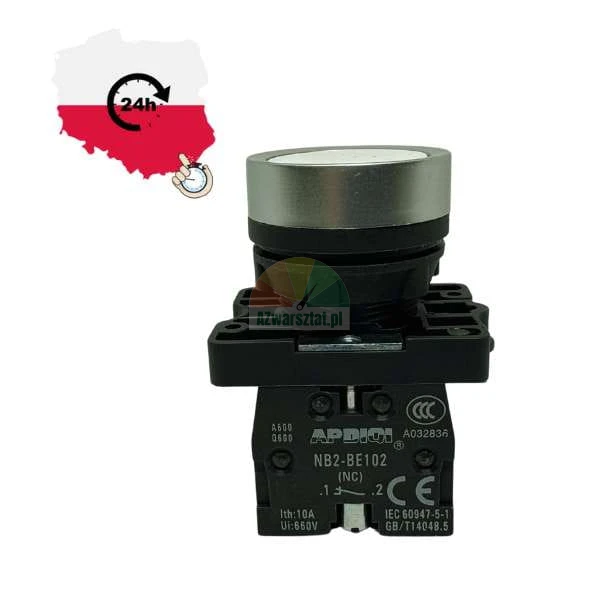Industrieller Drucktaster APDIQI NB2-BE102 mit NC-Kontaktblock und silbernem Knopf
