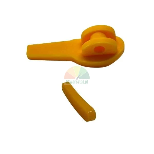 Gelbe Kunststoff-Scharnierkomponente mit einem kleinen Sicherungsstift auf weißem Hintergrund.