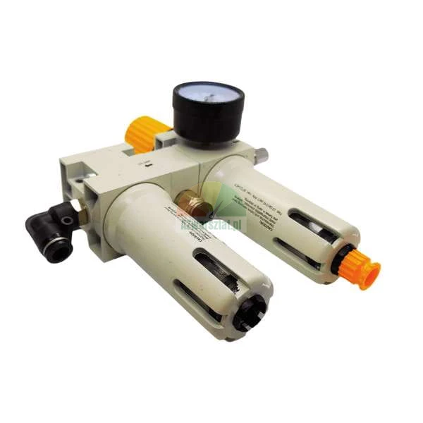 Pneumatische Wartungseinheit mit Filter, Druckregler, Öler, Manometer und orangefarbenen Einstellknöpfen.
