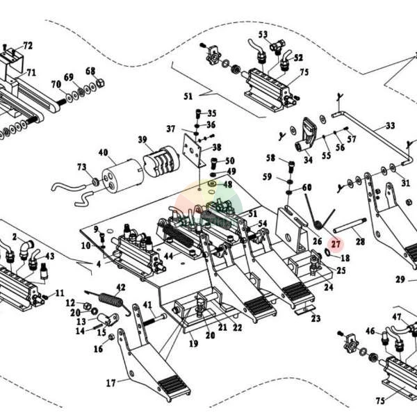 Technische Explosionszeichnung einer Fußpedalbaugruppe für Maschinen mit der rosa markierten Positionsnummer 27.