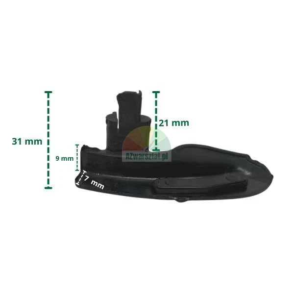 Schwarzes Gummiteil mit Maßangaben: Gesamthöhe 31 mm, Stifthöhe 21 mm, Basishöhe 9 mm und Breite 7 mm.