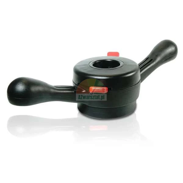 Schwarze Schnellspannmutter für Auswuchtmaschine mit ergonomischen Handgriffen und roten Arretierungsknöpfen.