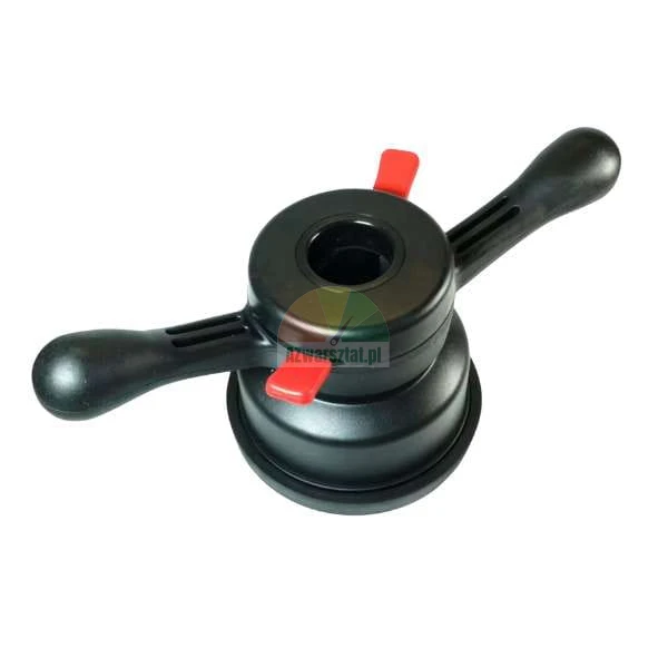 Schwarze Schnellspannmutter für Auswuchtmaschine mit roten Hebeln und zwei Griffen.