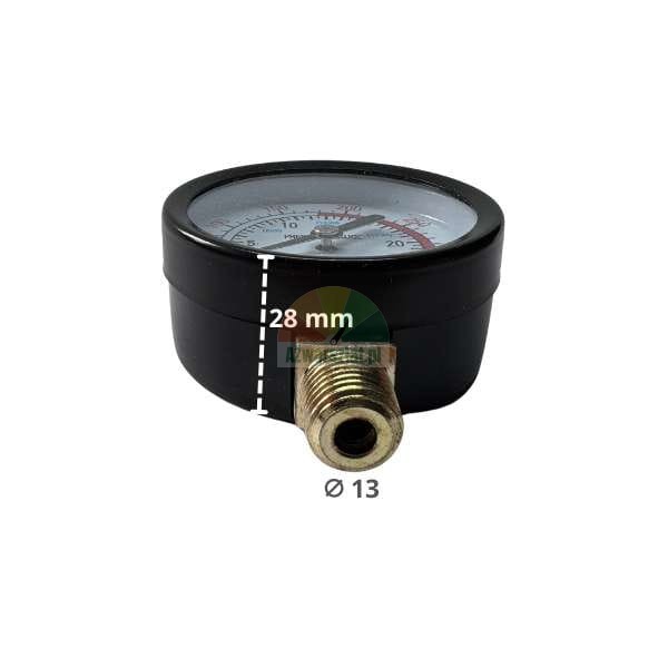 Manometer im schwarzen Gehäuse mit markierter Höhe von 28 mm und Gewindedurchmesser von 13 mm.