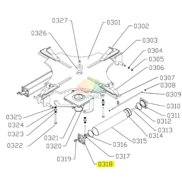 Technische Zeichnung der Spanntisch-Baugruppe einer Reifenmontiermaschine mit gelb markierter Teilenummer 0318.