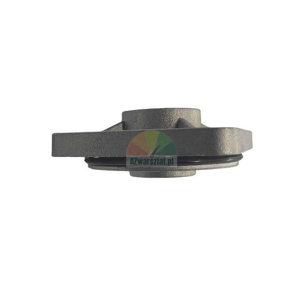 Seitenansicht eines grauen Gussmetall-Montageteils mit einer schwarzen O-Ring-Dichtung.