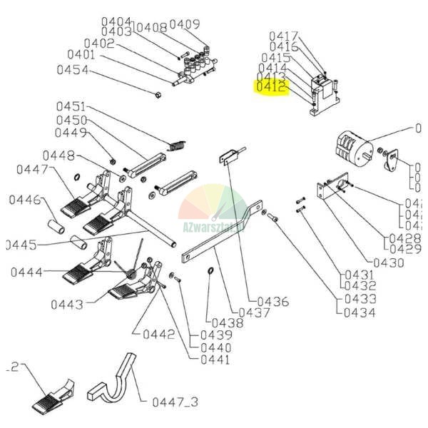 Schematische technische Zeichnung von Maschinenersatzteilen mit gelb markierter Teilenummer 0412.