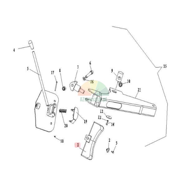 Explosionszeichnung eines Mechanismus mit markiertem Teil Nummer 1.