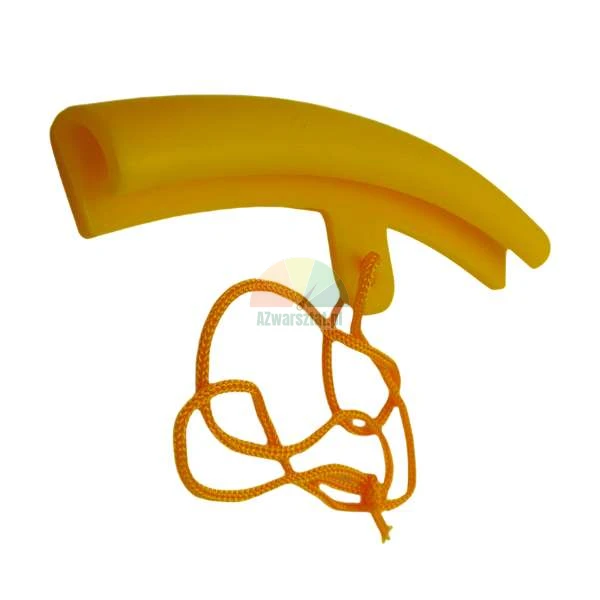 Gelber Felgenschutz für die Reifenmontage mit orangefarbener Kordel auf weißem Hintergrund.