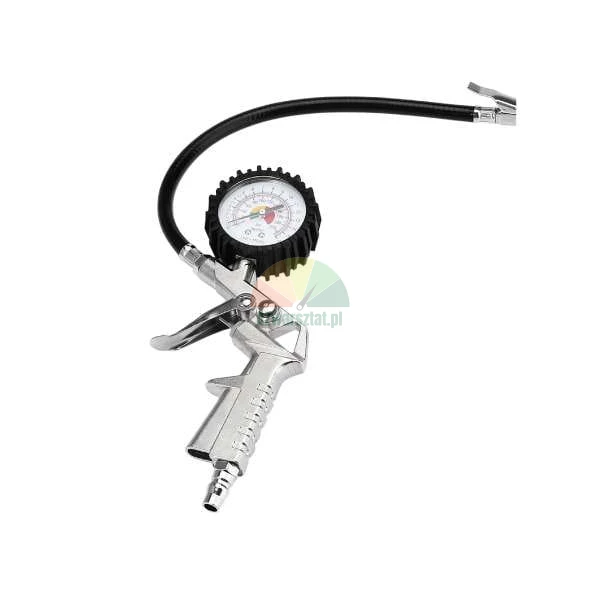 Reifenfüllmessgerät mit analogem Manometer und flexiblem Schlauch.