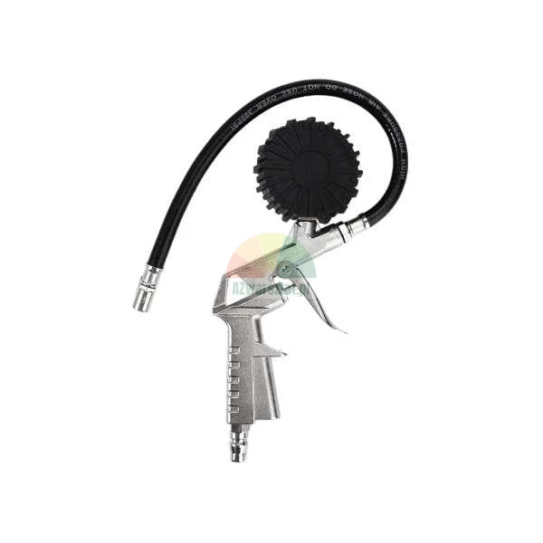Reifenfüllpistole mit Manometer und schwarzem Schlauch.