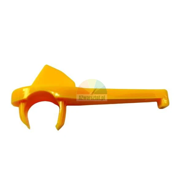 Gelber Orangenschäler aus Kunststoff mit Fingerring und kleiner Klinge zum Schälen.