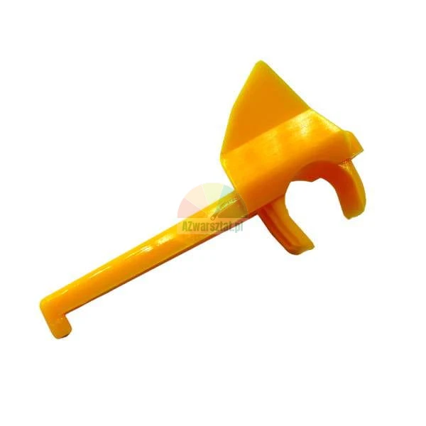 Gelbes Kunststoff-Montageelement mit Clip und langem Arm, der in einem Haken endet.