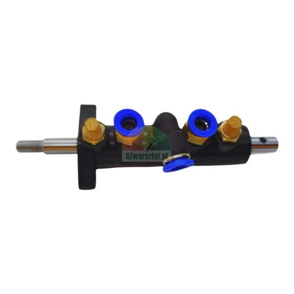 Pneumatikzylinder mit blauen Schnellsteckverbindungen und Messingteilen auf schwarzem Gehäuse.