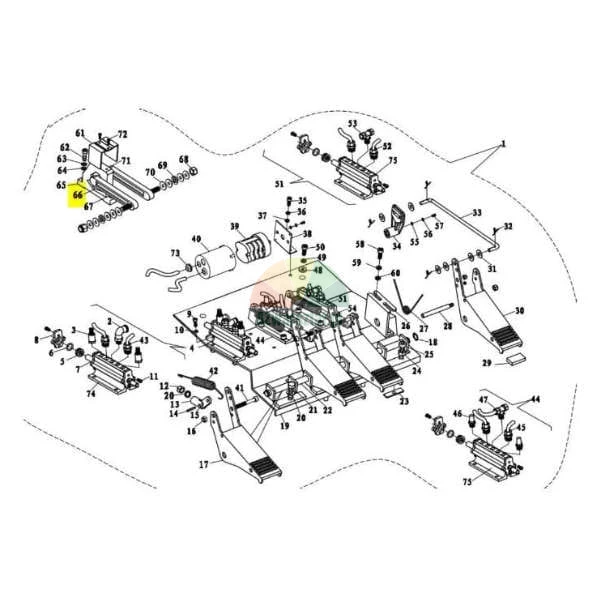 Technische Zeichnung einer mechanischen Baugruppe mit gelb hervorgehobener Teilenummer 66.