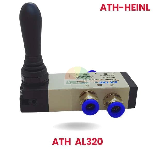 Pneumatisches Steuerventil Auf-Ab AL320 Ersatz für ATH-Heinl mit schwarzem Hebel und blauen Anschlüssen.