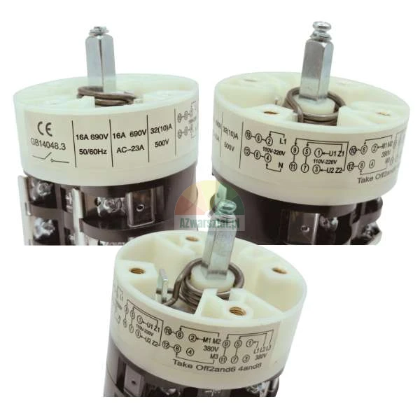 Drei industrielle Nockenschalter mit Schaltplänen und technischen Daten wie 16A 690V und dem Standard GB14048.3.
