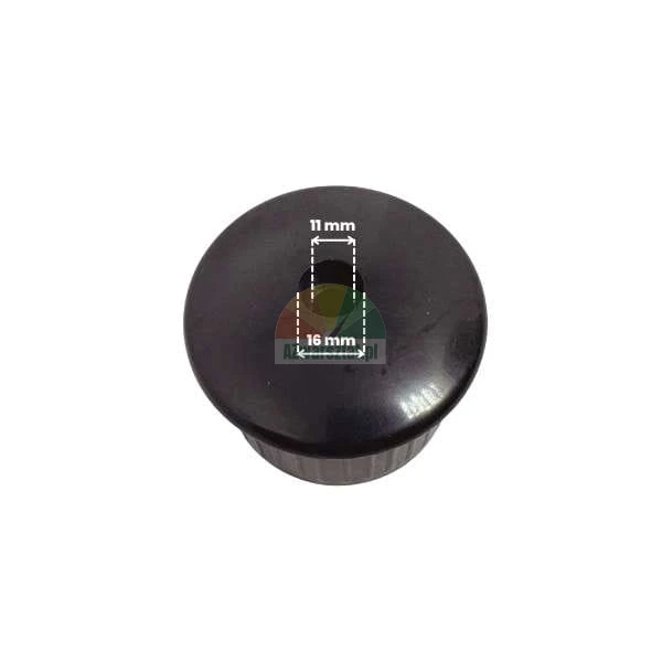Schwarze runde Kunststoffkappe mit Maßen für 11 mm und 16 mm Löcher.