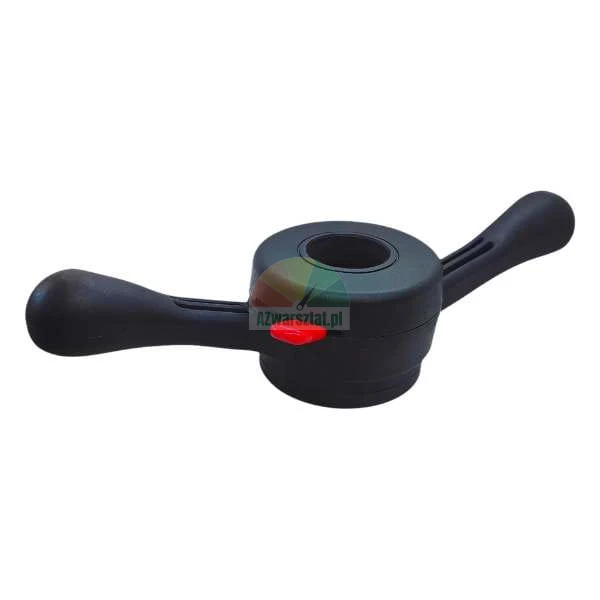 Schwarze Schnellspannmutter für eine Reifenwuchtmaschine mit einem roten Druckknopf.