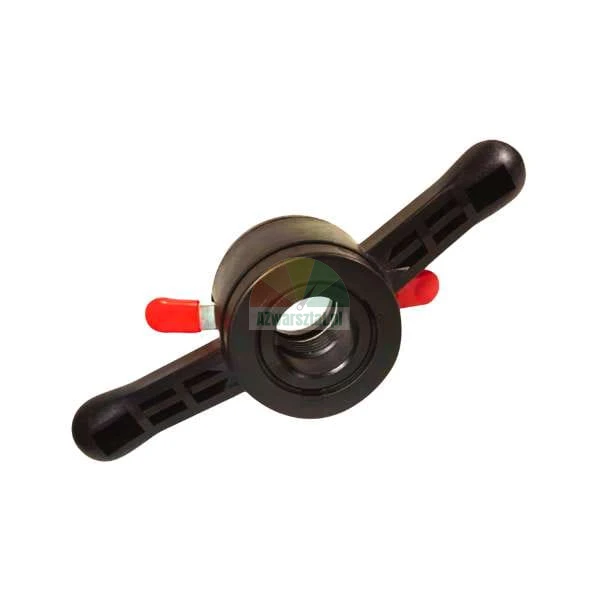 Schwarze Schnellspannmutter für Radwuchtmaschine mit roten Hebeln.
