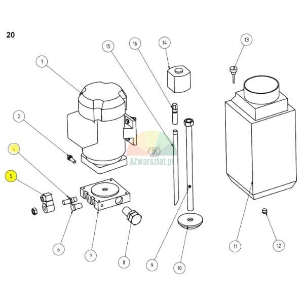 Technische schematische Darstellung einer Hydraulikpumpenbaugruppe mit nummerierten Komponenten in einer Explosionszeichnung.